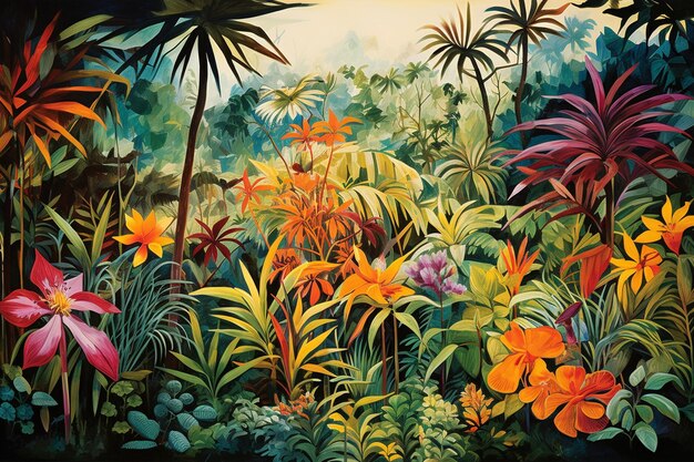 Ein farbenfrohes Gemälde tropischer Pflanzen und des Wortes Dschungel