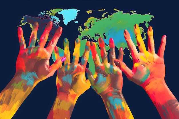 Ein farbenfrohes Gemälde von Händen, die nach einem Globus greifen