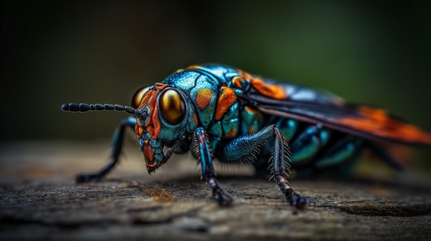 Ein farbenfrohes Insekt mit schwarzem Hintergrund und einem grün-orangefarbenen Kopf.