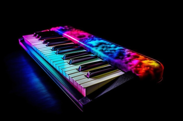 Ein farbenfrohes Klavier mit einer regenbogenbeleuchteten Tastatur im Dunkeln.