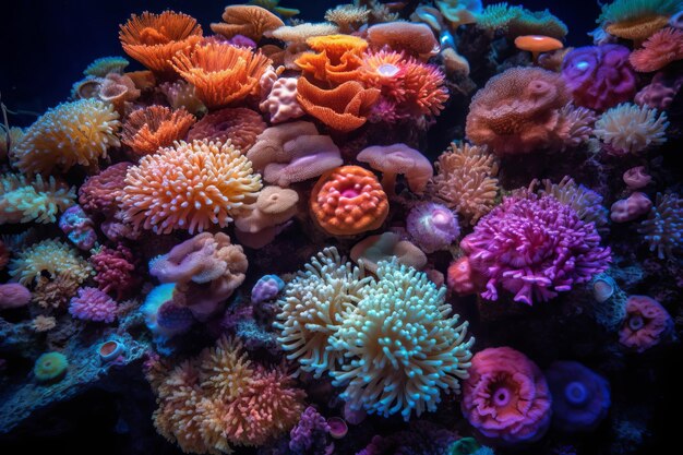 Ein farbenfrohes Korallenriff mit einer Vielzahl unterschiedlicher Farben.