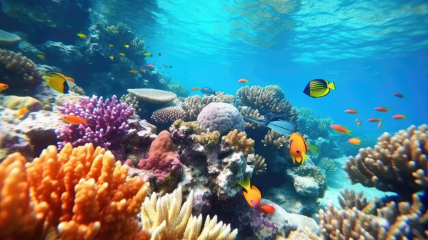 Ein farbenfrohes Korallenriff mit im Wasser schwimmenden Fischen.