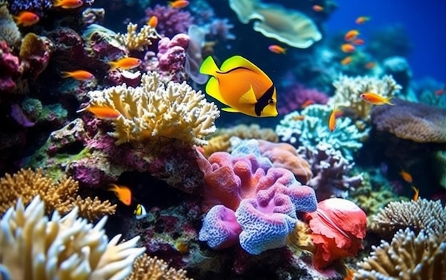 Ein farbenfrohes Korallenriff, um das herum ein tropischer Fisch schwimmt.