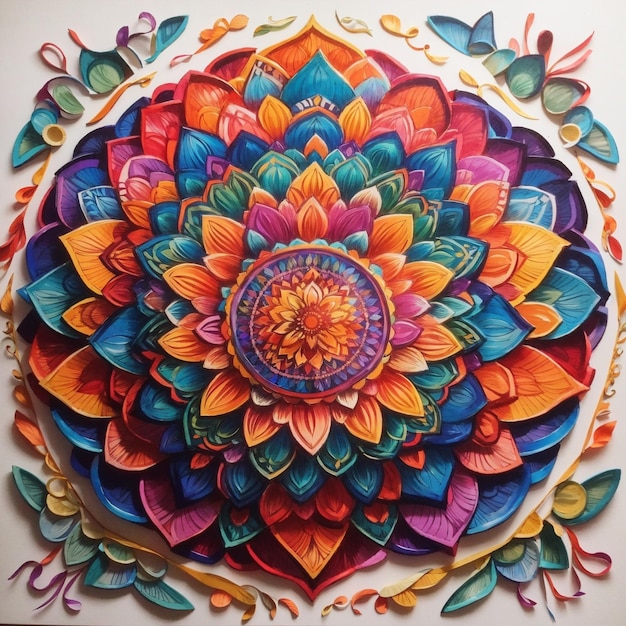 Ein farbenfrohes Mandala-Blumenmuster mit dem Ar darauf