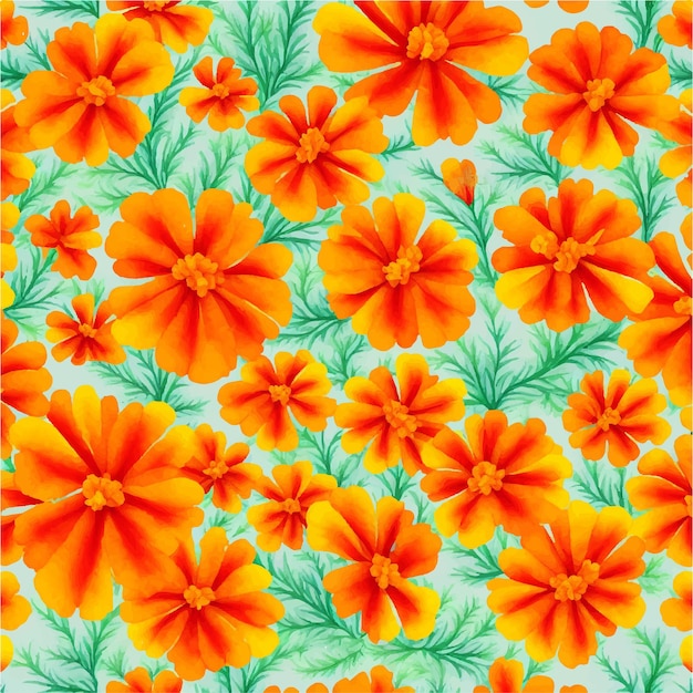 Ein farbenfrohes Muster aus orangefarbenen Blüten mit grünen Blättern auf blauem Hintergrund
