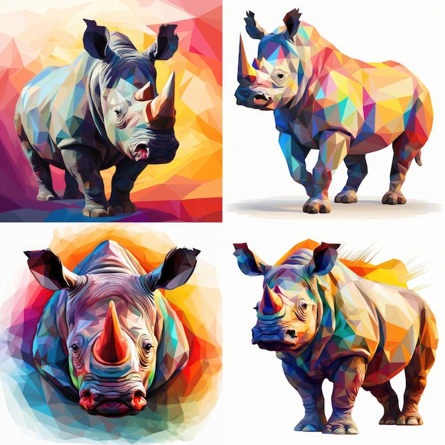 Ein farbenfrohes Nashorn ist in einem grauen Hintergrund im Low-Poly-Stil dargestellt.