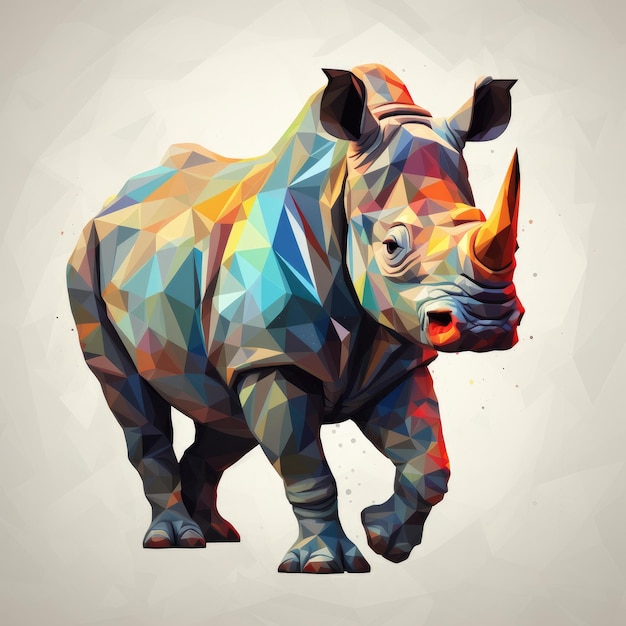 Ein farbenfrohes Nashorn ist in einem grauen Hintergrund im Low-Poly-Stil dargestellt.