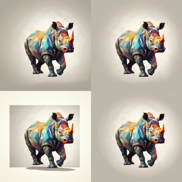 Ein farbenfrohes Nashorn ist in einem grauen Hintergrund im Low-Poly-Stil dargestellt.