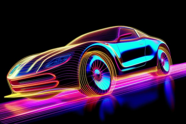 Ein farbenfrohes Neongemälde eines Neonautos mit Neonlichtern darauf