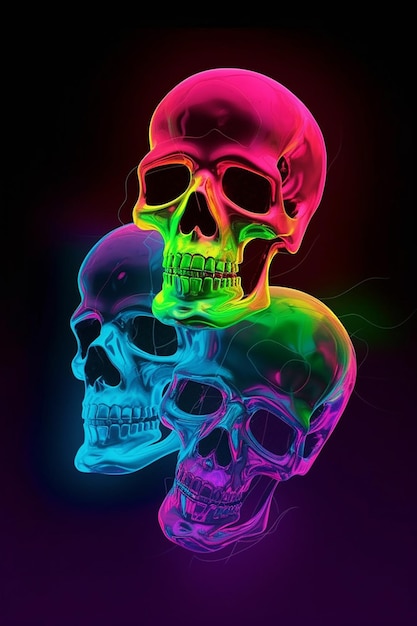 Ein farbenfrohes Neonlicht färbt Totenköpfe auf schwarzem Hintergrund