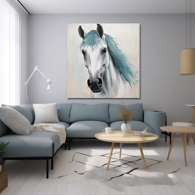 ein farbenfrohes Pferd, das in einem Wohnzimmer mit einer blauen Couch gemalt ist