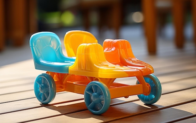 Ein farbenfrohes Plastik-Spielzeugwagen auf einem glatten Holzboden