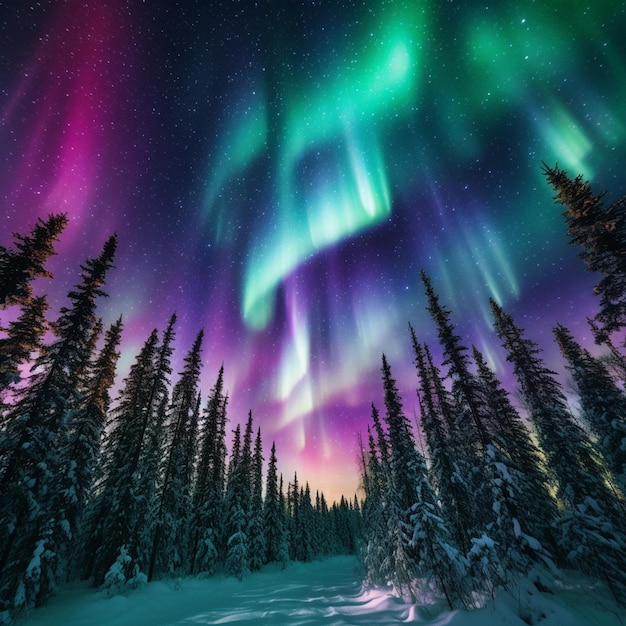 Ein farbenfrohes Polarlicht erleuchtet den Himmel über einem verschneiten Wald