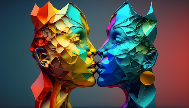 Ein farbenfrohes Porträt von zwei Frauen, die sich küssen.