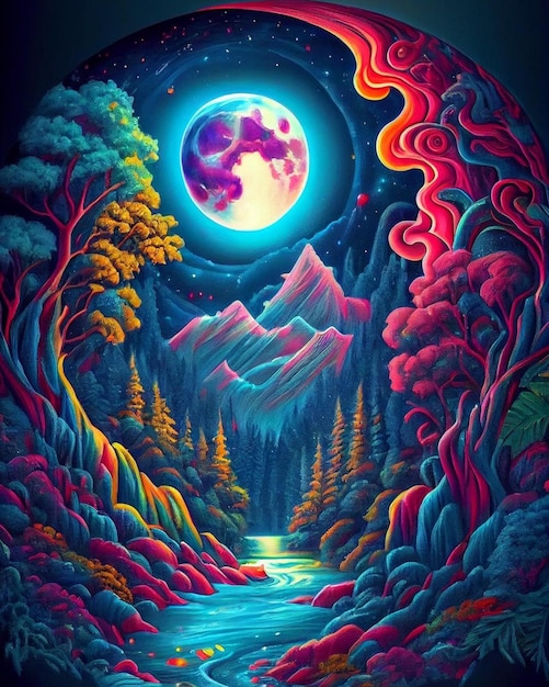 Ein farbenfrohes Poster mit Vollmond und Bergen im Hintergrund.