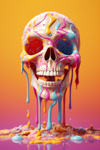 Ein farbenfrohes Skelett mit Farbe aus dem Mund