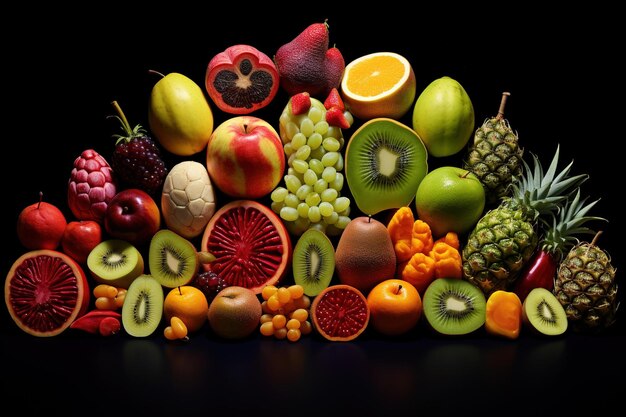 Ein farbenfrohes Sortiment exotischer Früchte, die in zwei Hälften geschnitten sind und deren Kerne sichtbar sind
