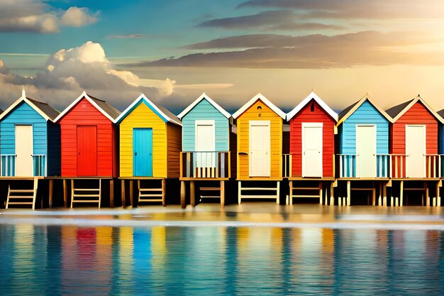 Ein farbenfrohes Strandhaus mit einem Pier im Hintergrund.