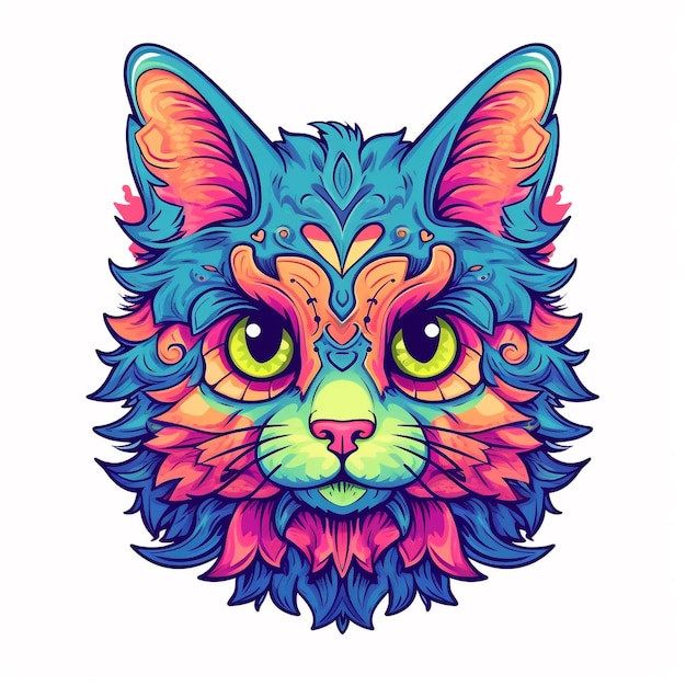 Ein farbenfrohes, süßes Katzengesicht mit lebendigem T-Shirt-Design. Katze in lebendigen Grundfarben mit psychedelischer Wirkung