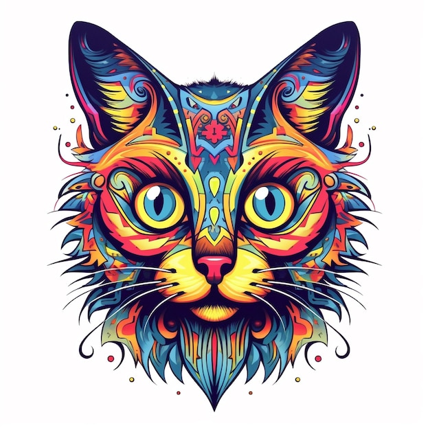 Ein farbenfrohes, süßes Katzengesicht mit lebhaftem T-Shirt-Design. Katze in lebendigen Primärfarben mit psychedelischer Wirkung