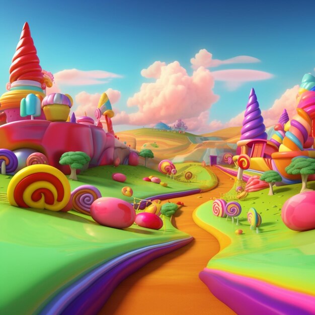 Ein farbenfrohes Süßigkeitenland mit einer Burg und einer generativen Straßen-KI
