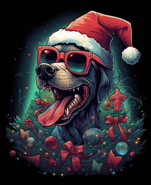 Ein farbenfrohes T-Shirt-Design für den Weihnachtsmann-Hund