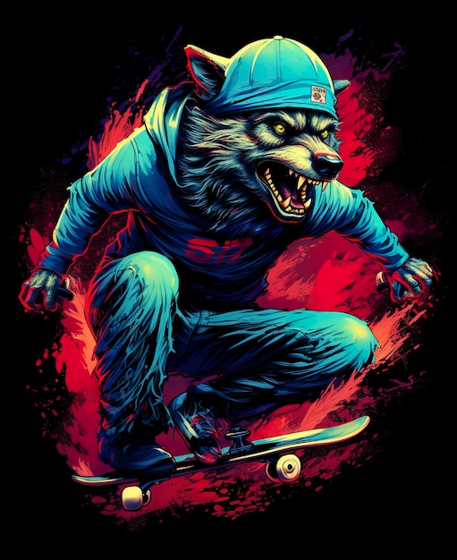 Foto ein farbenfrohes t-shirt-design für skateboard-wolfvektoren