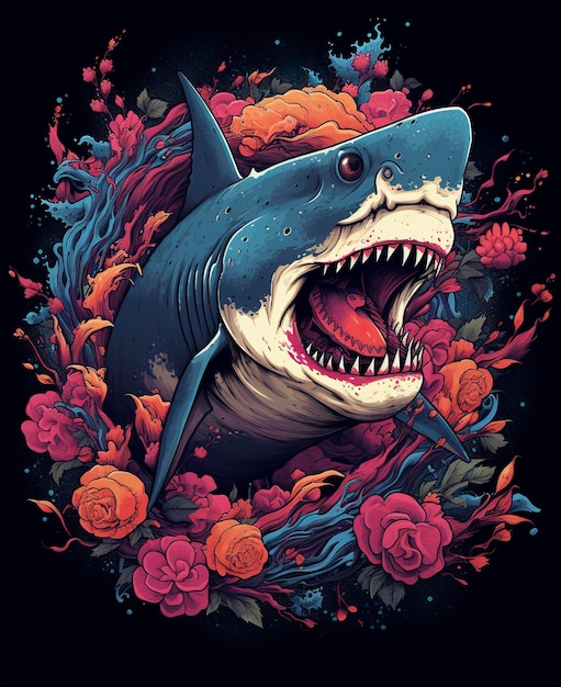 Ein farbenfrohes T-Shirt-Design mit einem wütenden Hai-Vektor