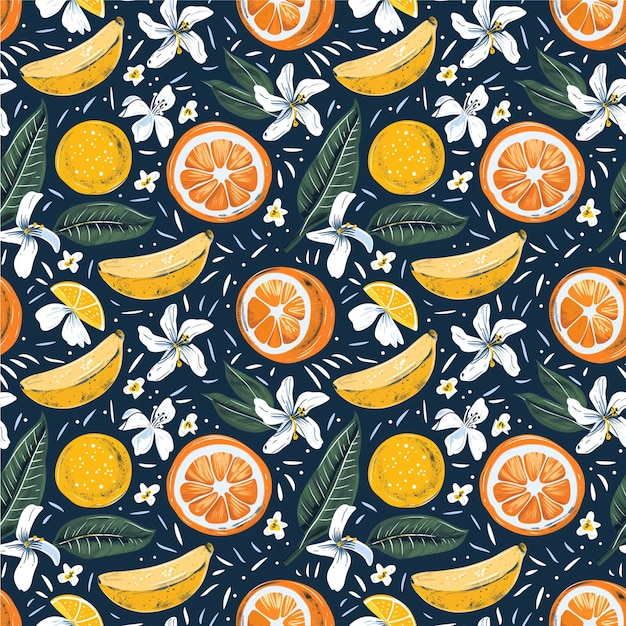 Foto ein farbenfrohes und lebendiges design aus früchten und blumen, darunter orangen und bananen