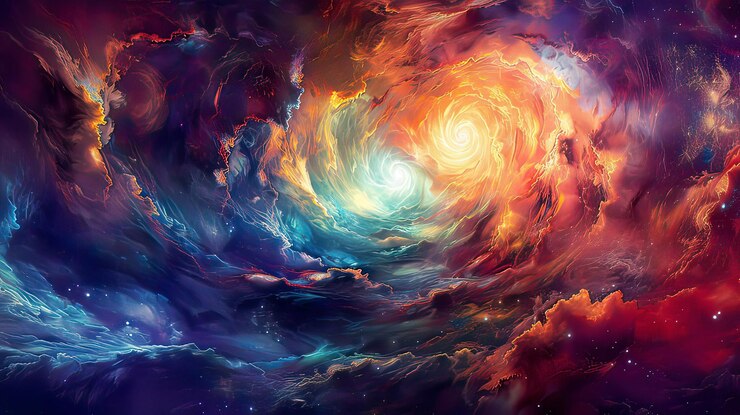 ein farbenfrohes Universum wird mit einem Bild einer Galaxie gezeigt, die Sterne und Wolken hat