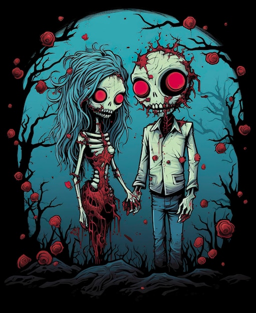 Ein farbenfrohes Zombie-Paar-Vektor-T-Shirt-Design