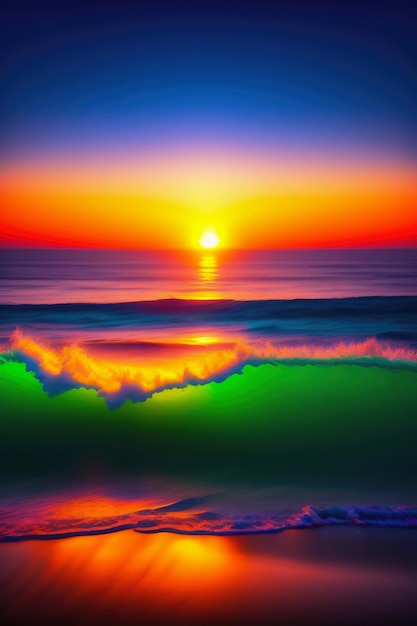 Ein farbenprächtiger Sonnenuntergang über dem Ozean, hinter dem die Sonne untergeht.