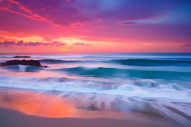 Ein farbenprächtiger Sonnenuntergang über einem Strand mit Wellen, die am Ufer brechen.