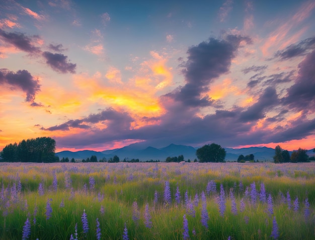 Ein farbenprächtiger Sonnenuntergang über einer Blumenwiese mit Bergen im Hintergrund.