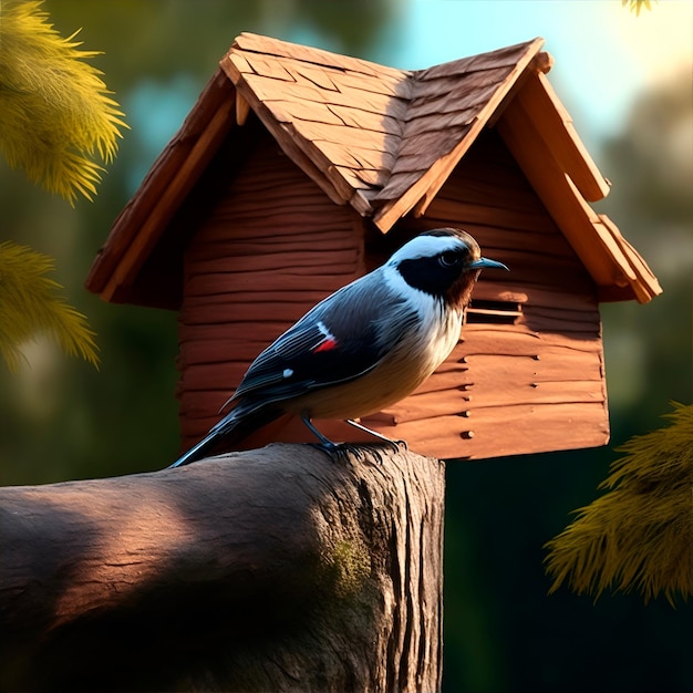 Ein farbiger Vogel in der Nähe eines Vogelhauses an einem Baumstamm an einem sonnigen Tag