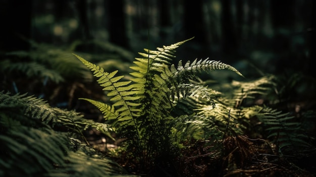 Ein Farn im Wald, auf den die Sonne scheint.