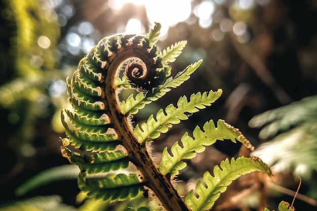 Ein Farnblatt im Wald, auf das die Sonne scheint.