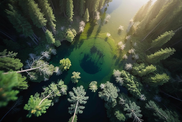Foto ein fast perfekter kreisförmiger see, der aus der luft direkt heruntergeworfen wurde, ähnelt der erde, die von einem kiefernwald umgeben ist