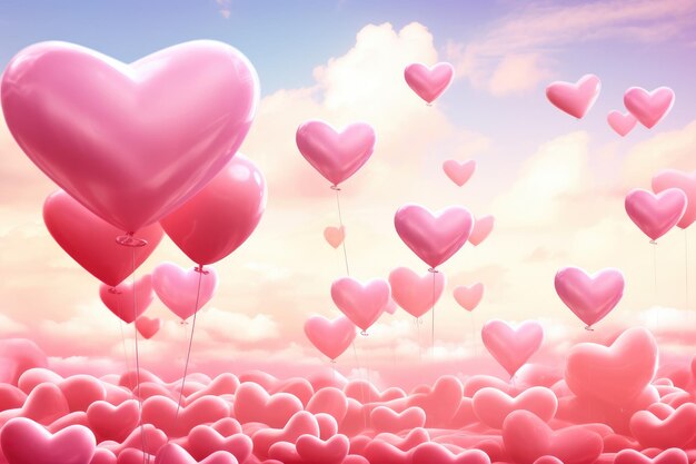 Ein faszinierender Anblick zahlreicher rosa Herzen, die anmutig in der Luft schweben und eine verträumte Atmosphäre von Liebe und Zuneigung schaffen Valentinstag Hintergrund mit herzförmigen Ballons AI generiert