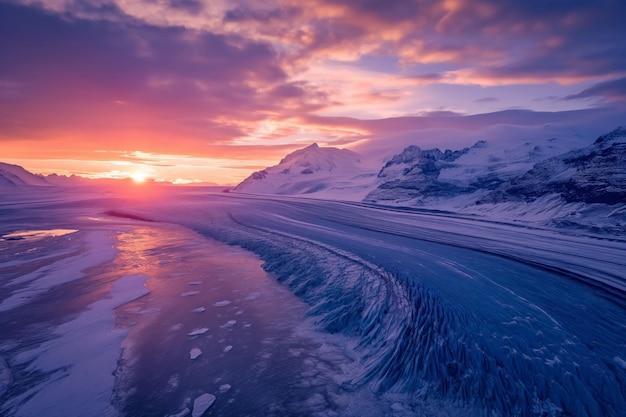 Ein faszinierender Blick auf den Gletscher und die Berge beim Sonnenuntergang