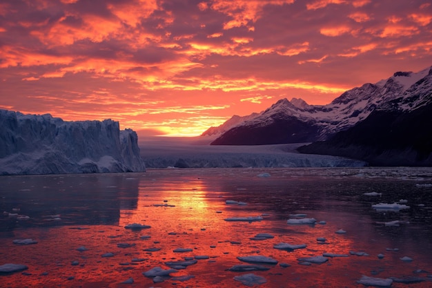 Ein faszinierender Blick auf den Gletscher und die Berge beim Sonnenuntergang