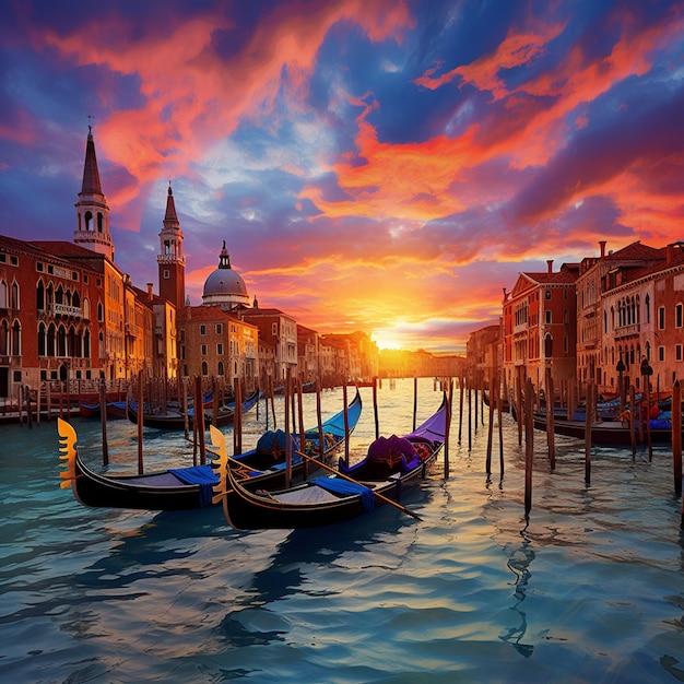 Ein faszinierender Blick auf den Sonnenuntergang der berühmten Sehenswürdigkeiten von Venedig