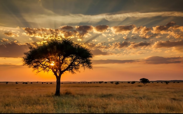 Ein faszinierender Blick auf die Silhouette eines Baumes in der Savanne während des Sonnenuntergangs