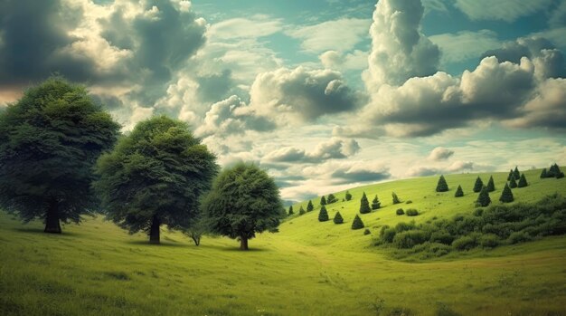 Ein faszinierender Blick auf eine grüne Landschaft mit Bäumen unter einem wunderschönen bewölkten Himmel