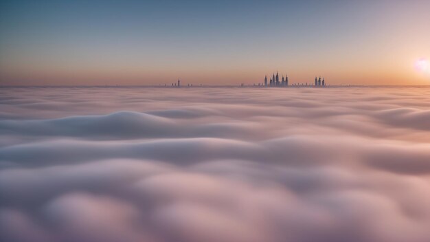 Ein faszinierender Blick auf eine Stadt in der Ferne aus einem Wolkenmeer. KI-generativ