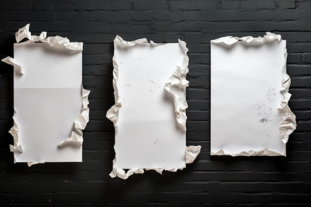Ein faszinierender Kontrast Vier weiße, zerrissene Papierblätter schmücken eine schwarze Wand