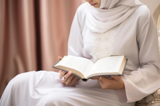 Ein faszinierender Moment Eine muslimische Frau, die in das Heilige Buch Al Quran vertieft wurde Cheras Selangor Malaysia