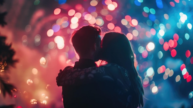 Ein faszinierender Moment eines umarmten Paares, das Feuerwerk beobachtet, während Farben in ihren Augen tanzen.