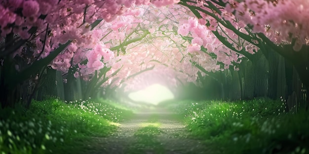 Ein faszinierender rosa Sakura-Baum, der von einem lebendig grünen Tunnel umgeben ist und eine magische Atmosphäre erzeugt.