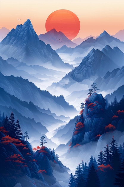 Ein faszinierender roter Mond steigt über friedlichen, geschichteten Bergen auf und malt die Szene mit einer ruhigen Größe